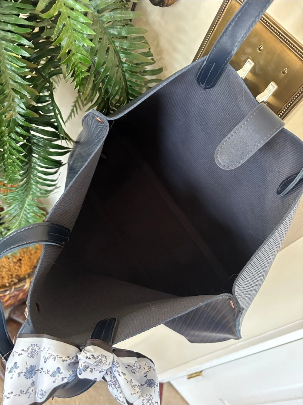 Chic Textured Navy Tote Shoulder Bag Tassel & Scarf Bow Laptop Office Snap Close